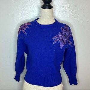 Vintage Blue Floral Beaded Women's Sweater